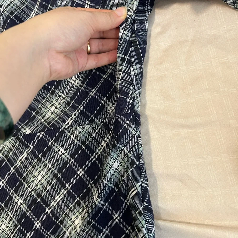 💙Vintage Cold-Shoulder Navy Plaid Midi Dress with Long Sleeves Like New size S - Picture 13 of 14